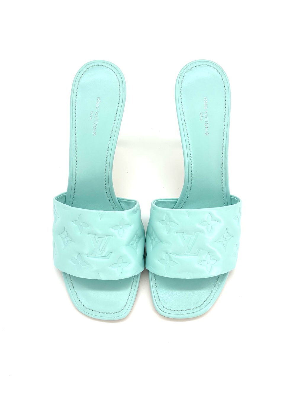NIB Louis Vuitton Revival Monogram Emboss Leather Heeled Mules Sandals 41 - Picture 8 of 11